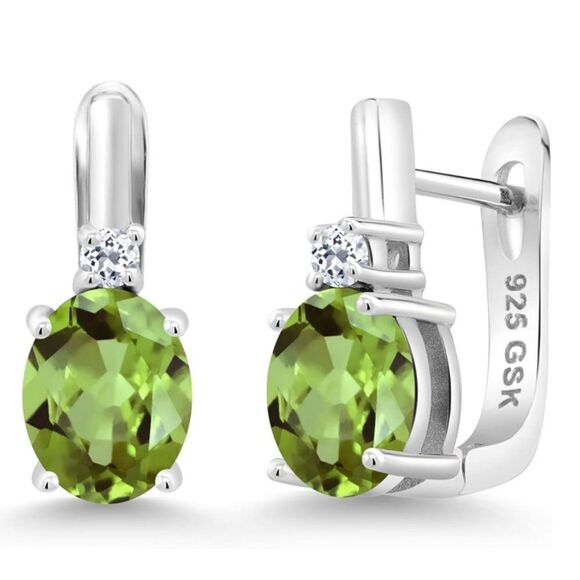 925 Sterling Silver with 2.86 Cttw Peridot and White Topaz Oval Drop Earrings